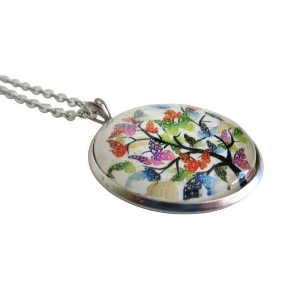 New Butterfly Tree Glass Dome Pendant Necklace 24" Stainless Chain Jewelry Gift - Picture 4 of 5